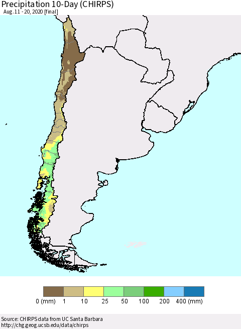 Chile Precipitation 10-Day (CHIRPS) Thematic Map For 8/11/2020 - 8/20/2020
