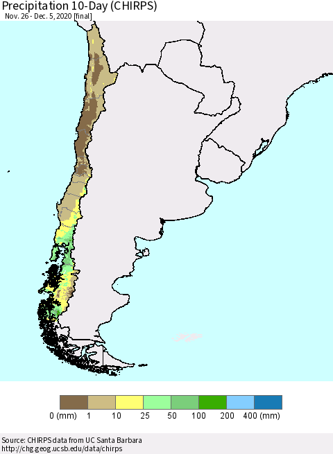 Chile Precipitation 10-Day (CHIRPS) Thematic Map For 11/26/2020 - 12/5/2020
