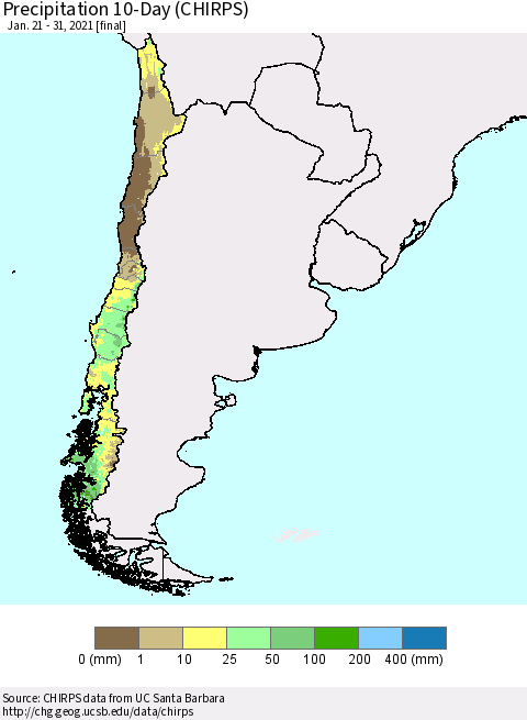 Chile Precipitation 10-Day (CHIRPS) Thematic Map For 1/21/2021 - 1/31/2021