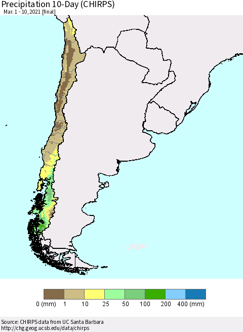 Chile Precipitation 10-Day (CHIRPS) Thematic Map For 3/1/2021 - 3/10/2021
