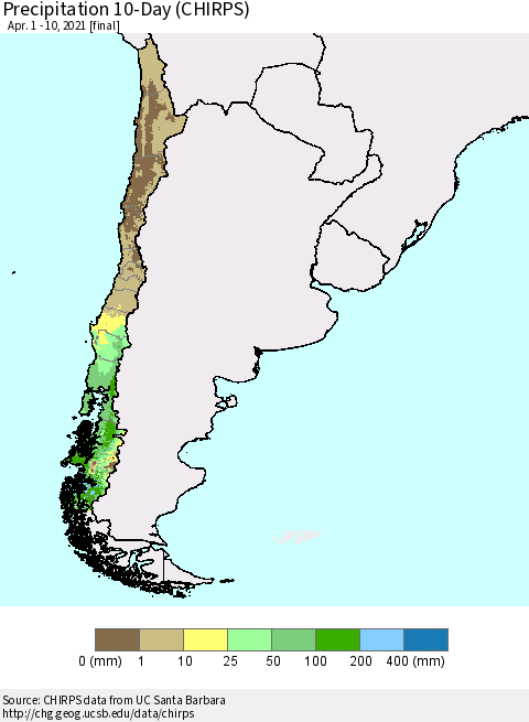 Chile Precipitation 10-Day (CHIRPS) Thematic Map For 4/1/2021 - 4/10/2021