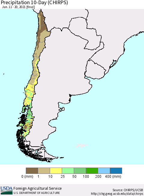 Chile Precipitation 10-Day (CHIRPS) Thematic Map For 6/11/2021 - 6/20/2021
