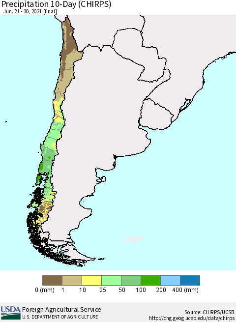 Chile Precipitation 10-Day (CHIRPS) Thematic Map For 6/21/2021 - 6/30/2021