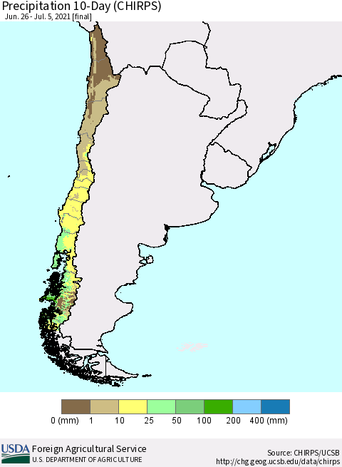 Chile Precipitation 10-Day (CHIRPS) Thematic Map For 6/26/2021 - 7/5/2021