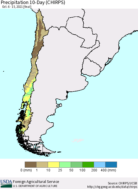 Chile Precipitation 10-Day (CHIRPS) Thematic Map For 10/6/2021 - 10/15/2021