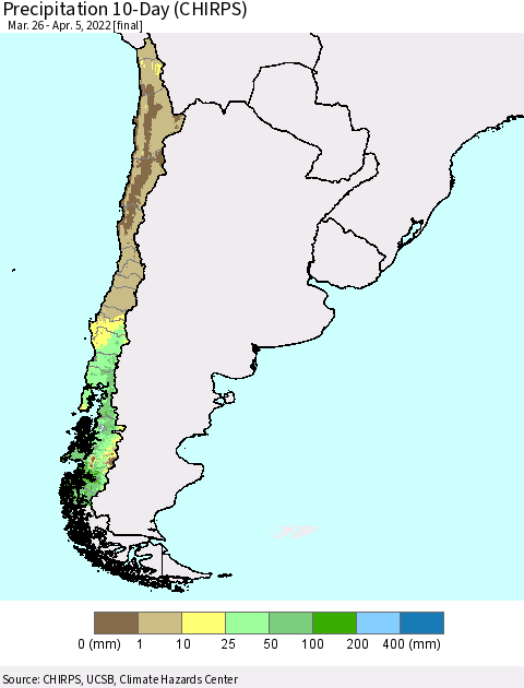 Chile Precipitation 10-Day (CHIRPS) Thematic Map For 3/26/2022 - 4/5/2022