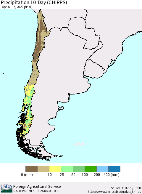 Chile Precipitation 10-Day (CHIRPS) Thematic Map For 4/6/2022 - 4/15/2022