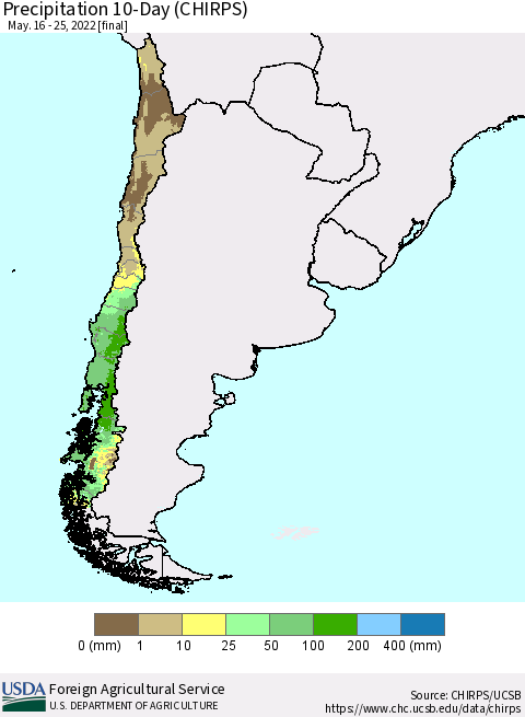 Chile Precipitation 10-Day (CHIRPS) Thematic Map For 5/16/2022 - 5/25/2022