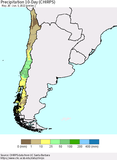 Chile Precipitation 10-Day (CHIRPS) Thematic Map For 5/26/2022 - 6/5/2022