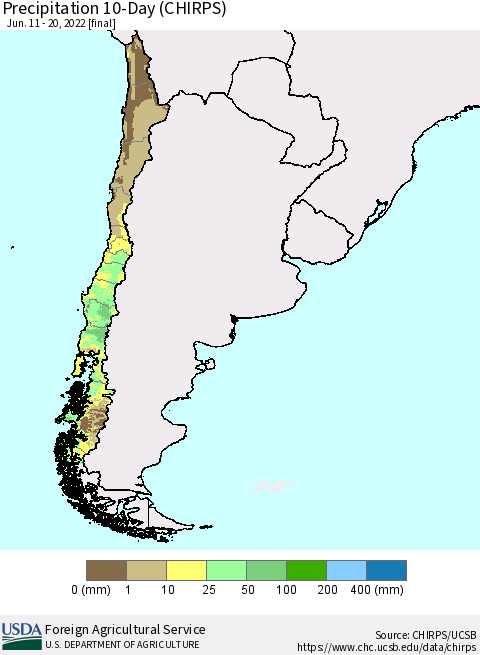 Chile Precipitation 10-Day (CHIRPS) Thematic Map For 6/11/2022 - 6/20/2022