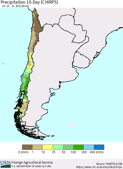 Chile Precipitation 10-Day (CHIRPS) Thematic Map For 7/21/2022 - 7/31/2022
