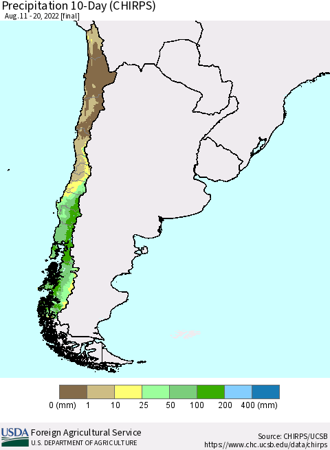 Chile Precipitation 10-Day (CHIRPS) Thematic Map For 8/11/2022 - 8/20/2022