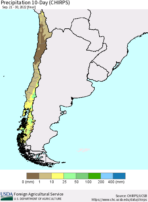 Chile Precipitation 10-Day (CHIRPS) Thematic Map For 9/21/2022 - 9/30/2022