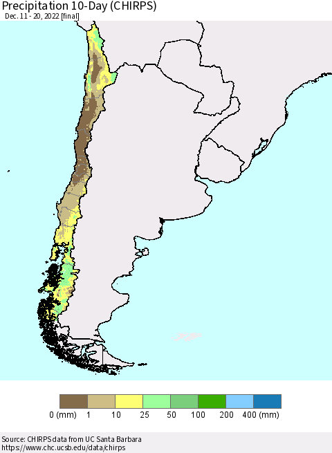 Chile Precipitation 10-Day (CHIRPS) Thematic Map For 12/11/2022 - 12/20/2022