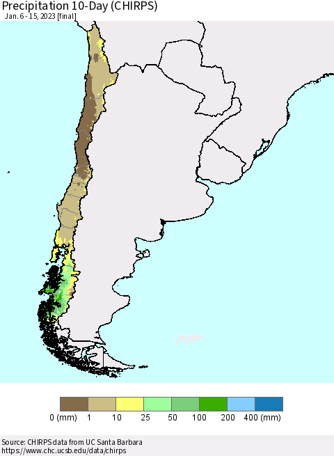 Chile Precipitation 10-Day (CHIRPS) Thematic Map For 1/6/2023 - 1/15/2023
