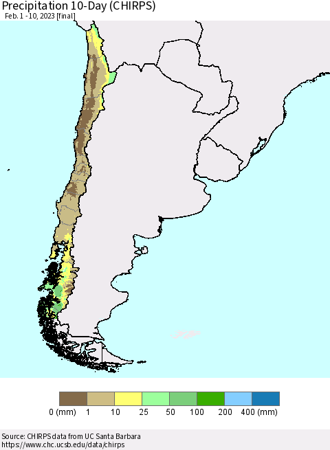 Chile Precipitation 10-Day (CHIRPS) Thematic Map For 2/1/2023 - 2/10/2023