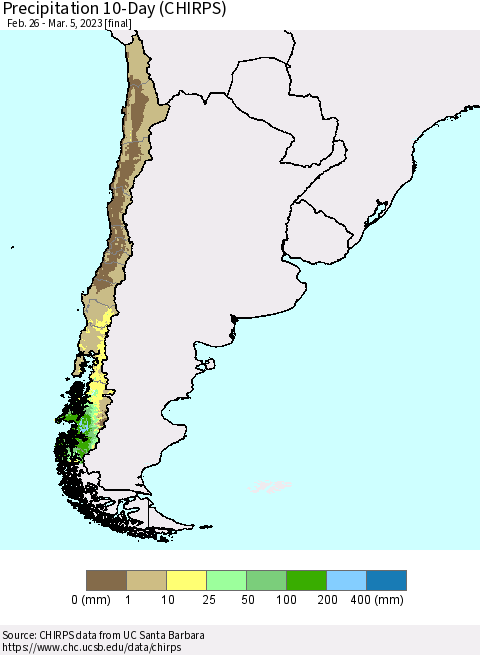 Chile Precipitation 10-Day (CHIRPS) Thematic Map For 2/26/2023 - 3/5/2023