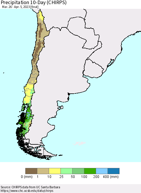 Chile Precipitation 10-Day (CHIRPS) Thematic Map For 3/26/2023 - 4/5/2023