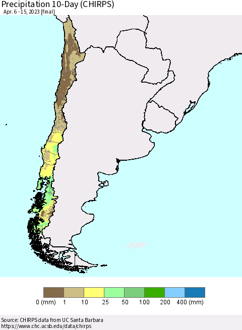 Chile Precipitation 10-Day (CHIRPS) Thematic Map For 4/6/2023 - 4/15/2023
