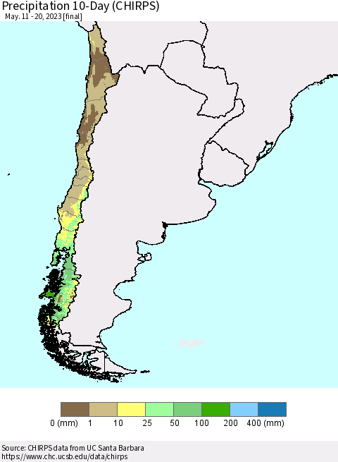 Chile Precipitation 10-Day (CHIRPS) Thematic Map For 5/11/2023 - 5/20/2023