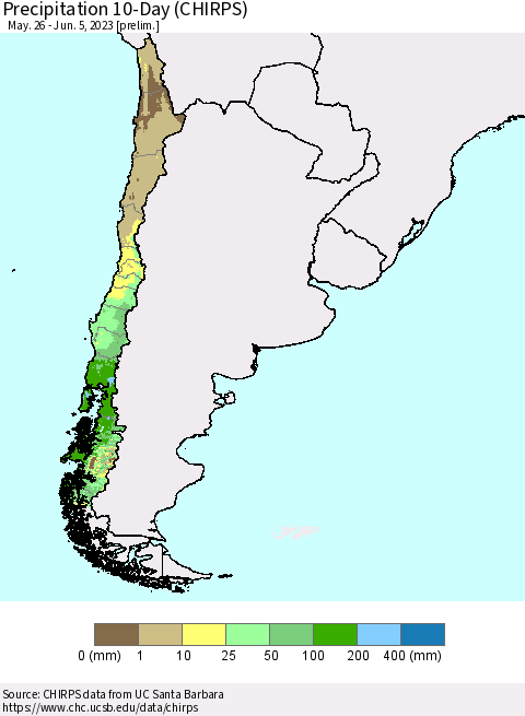 Chile Precipitation 10-Day (CHIRPS) Thematic Map For 5/26/2023 - 6/5/2023