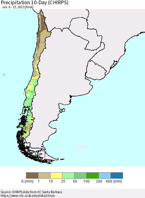 Chile Precipitation 10-Day (CHIRPS) Thematic Map For 6/6/2023 - 6/15/2023