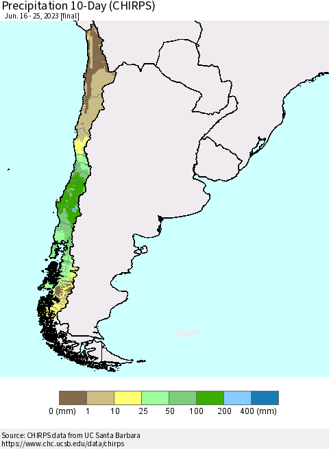 Chile Precipitation 10-Day (CHIRPS) Thematic Map For 6/16/2023 - 6/25/2023