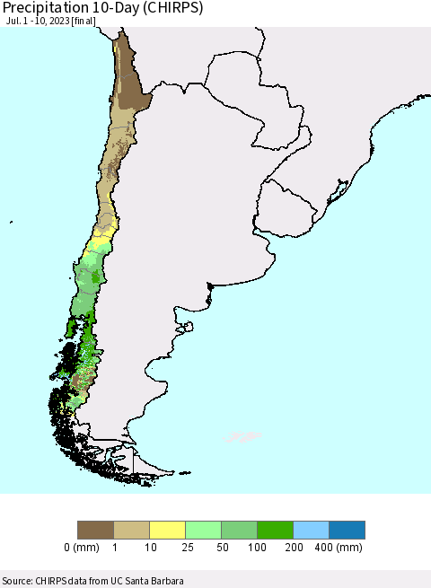 Chile Precipitation 10-Day (CHIRPS) Thematic Map For 7/1/2023 - 7/10/2023