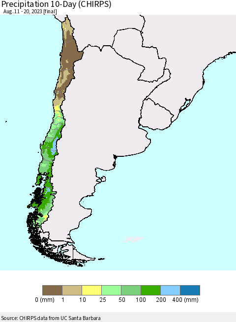 Chile Precipitation 10-Day (CHIRPS) Thematic Map For 8/11/2023 - 8/20/2023