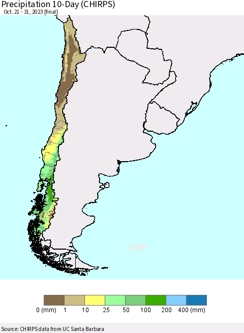 Chile Precipitation 10-Day (CHIRPS) Thematic Map For 10/21/2023 - 10/31/2023