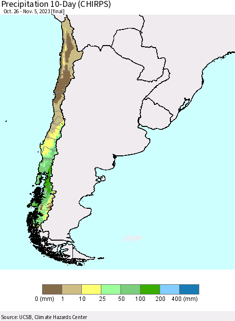 Chile Precipitation 10-Day (CHIRPS) Thematic Map For 10/26/2023 - 11/5/2023