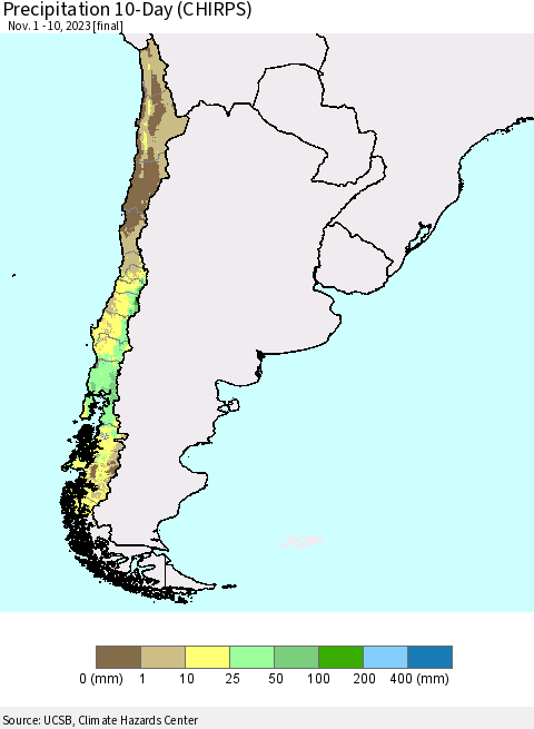 Chile Precipitation 10-Day (CHIRPS) Thematic Map For 11/1/2023 - 11/10/2023