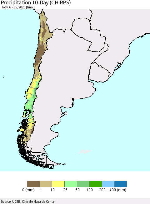 Chile Precipitation 10-Day (CHIRPS) Thematic Map For 11/6/2023 - 11/15/2023