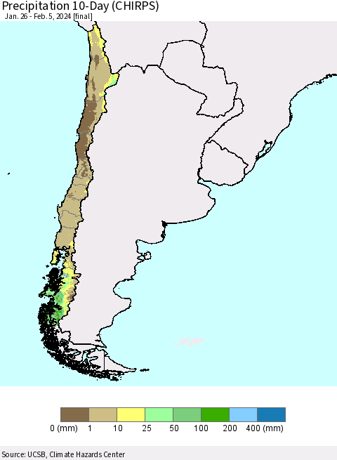 Chile Precipitation 10-Day (CHIRPS) Thematic Map For 1/26/2024 - 2/5/2024