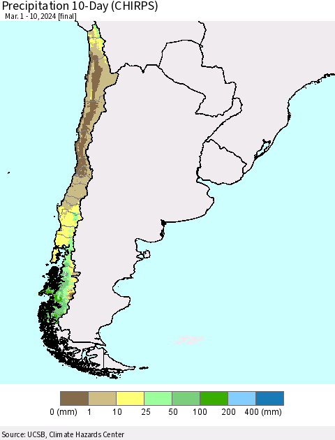 Chile Precipitation 10-Day (CHIRPS) Thematic Map For 3/1/2024 - 3/10/2024