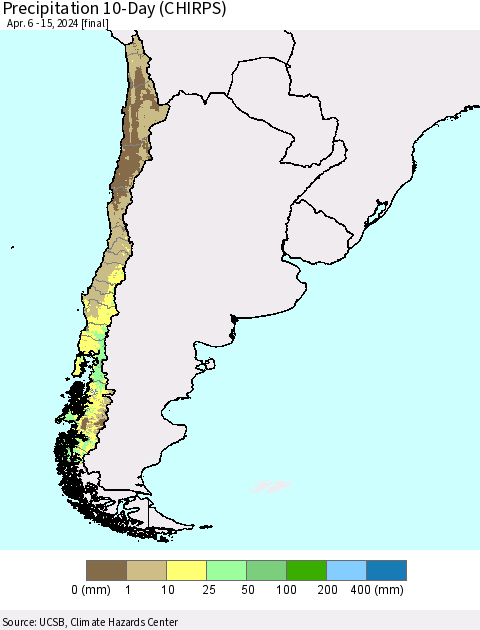 Chile Precipitation 10-Day (CHIRPS) Thematic Map For 4/6/2024 - 4/15/2024