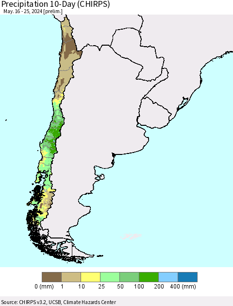 Chile Precipitation 10-Day (CHIRPS) Thematic Map For 5/16/2024 - 5/25/2024