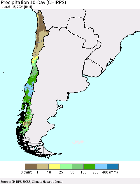 Chile Precipitation 10-Day (CHIRPS) Thematic Map For 6/6/2024 - 6/15/2024