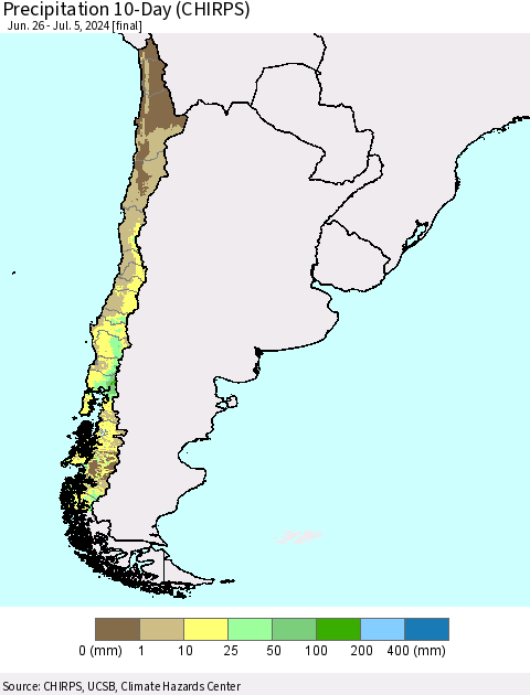 Chile Precipitation 10-Day (CHIRPS) Thematic Map For 6/26/2024 - 7/5/2024