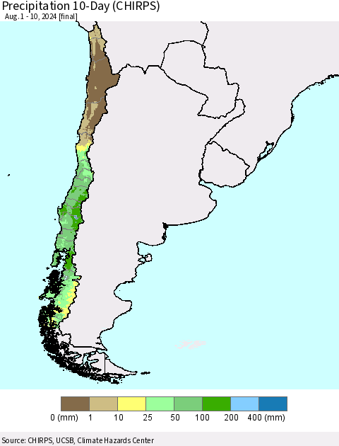 Chile Precipitation 10-Day (CHIRPS) Thematic Map For 8/1/2024 - 8/10/2024