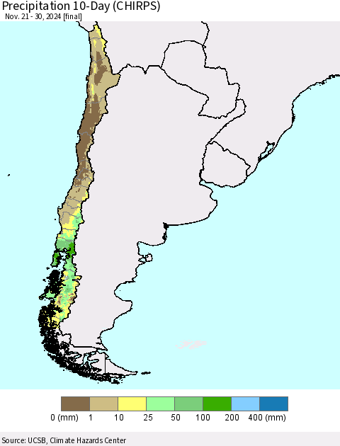 Chile Precipitation 10-Day (CHIRPS) Thematic Map For 11/21/2024 - 11/30/2024