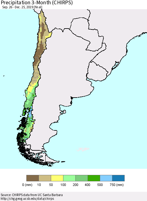 Chile Precipitation 3-Month (CHIRPS) Thematic Map For 9/26/2019 - 12/25/2019