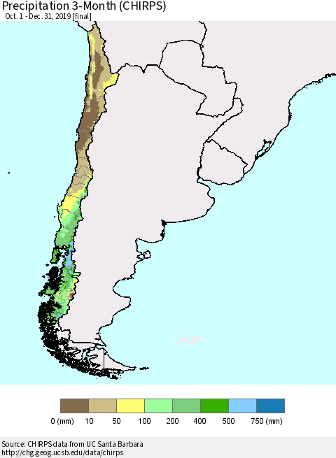 Chile Precipitation 3-Month (CHIRPS) Thematic Map For 10/1/2019 - 12/31/2019