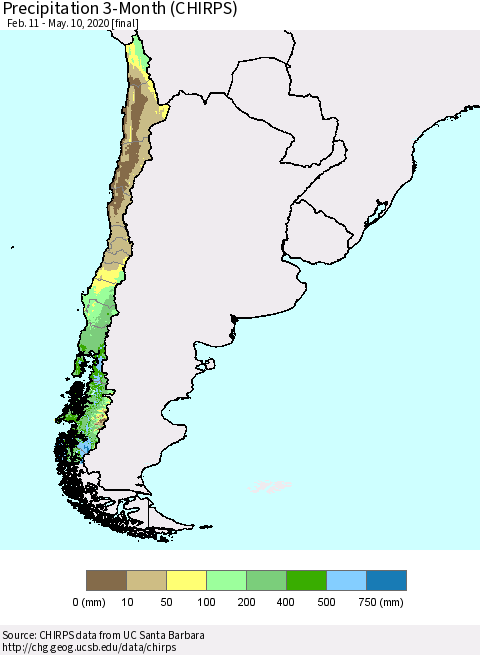 Chile Precipitation 3-Month (CHIRPS) Thematic Map For 2/11/2020 - 5/10/2020