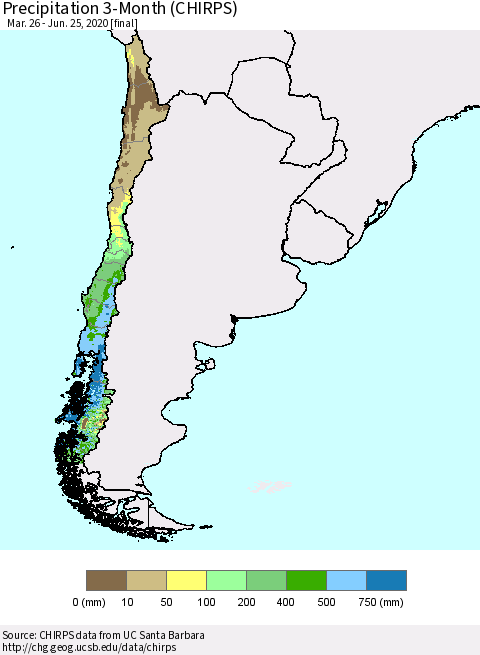 Chile Precipitation 3-Month (CHIRPS) Thematic Map For 3/26/2020 - 6/25/2020