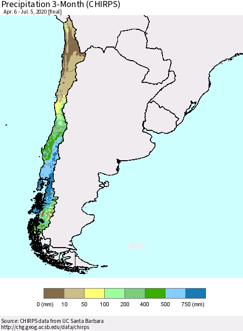 Chile Precipitation 3-Month (CHIRPS) Thematic Map For 4/6/2020 - 7/5/2020