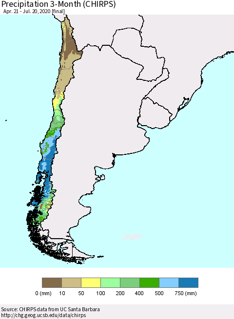 Chile Precipitation 3-Month (CHIRPS) Thematic Map For 4/21/2020 - 7/20/2020