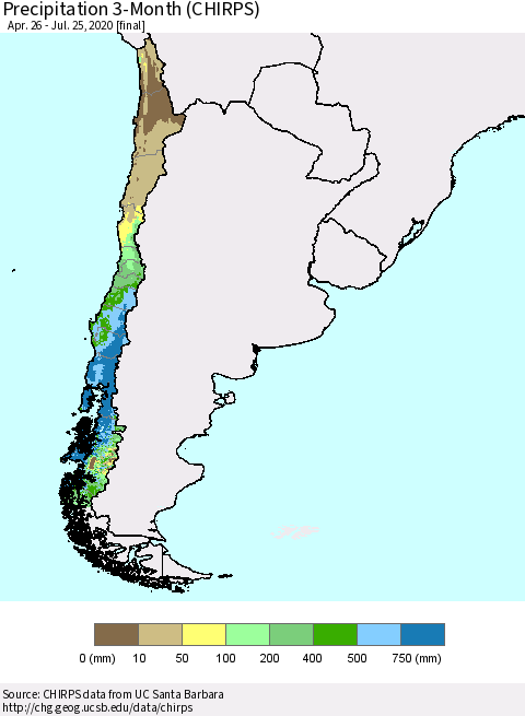 Chile Precipitation 3-Month (CHIRPS) Thematic Map For 4/26/2020 - 7/25/2020