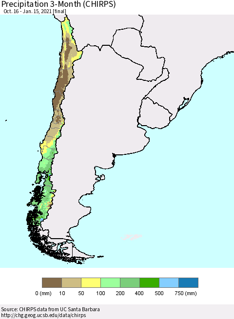 Chile Precipitation 3-Month (CHIRPS) Thematic Map For 10/16/2020 - 1/15/2021