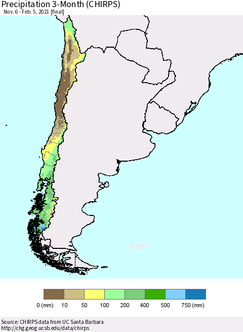 Chile Precipitation 3-Month (CHIRPS) Thematic Map For 11/6/2020 - 2/5/2021